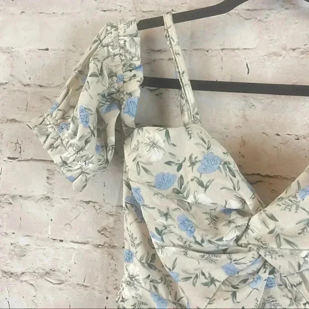 NWT Lulus S Not Just a Crush Taupe Floral Ruched Off the Shoulder Mini Dress Sm - Picture 6 of 16